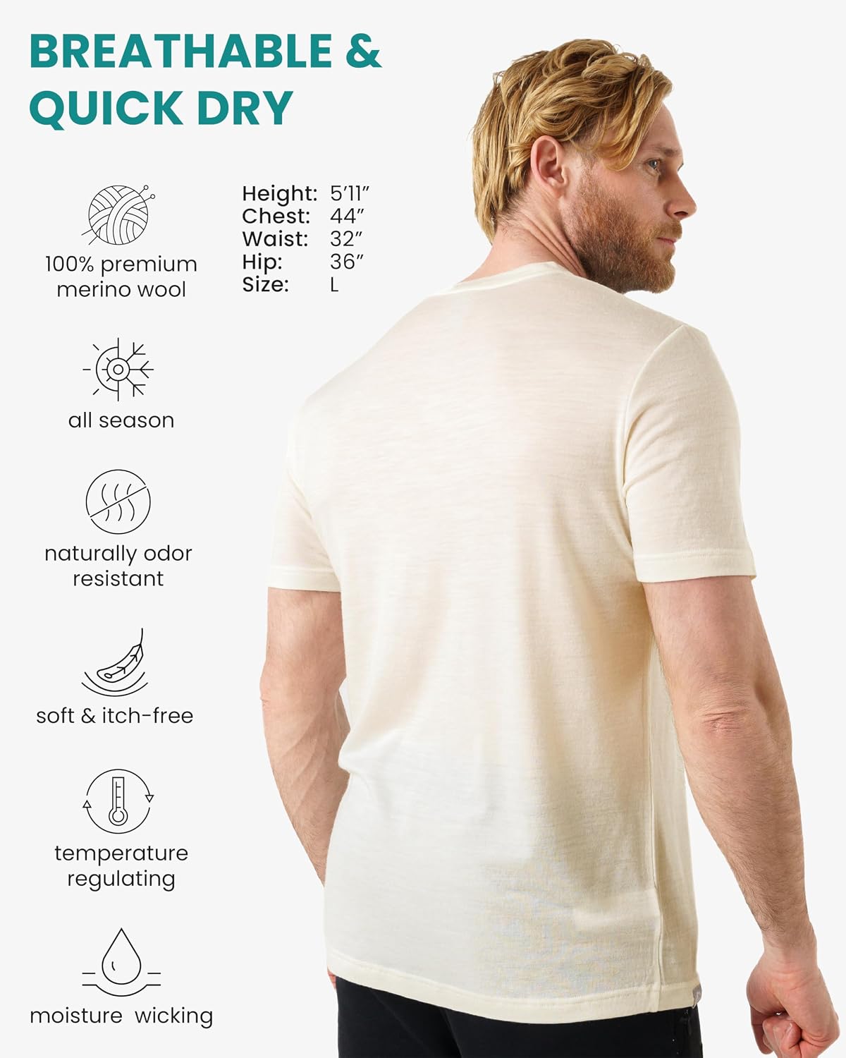 Detalle de Merino Wool T-Shirt for Men — Lightweight Merino Thermal Top with Hiking Socks