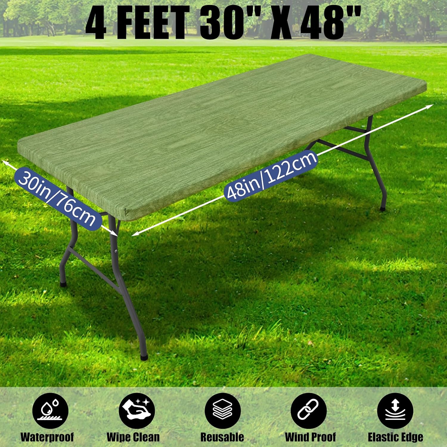 Thumbnail 6 de Smiry 2 Pack Rectangle Table Cloth 4 Foot — Waterproof, Elastic Fitted, Windproof Polyester Cover (Green & Black, 30" x 48")