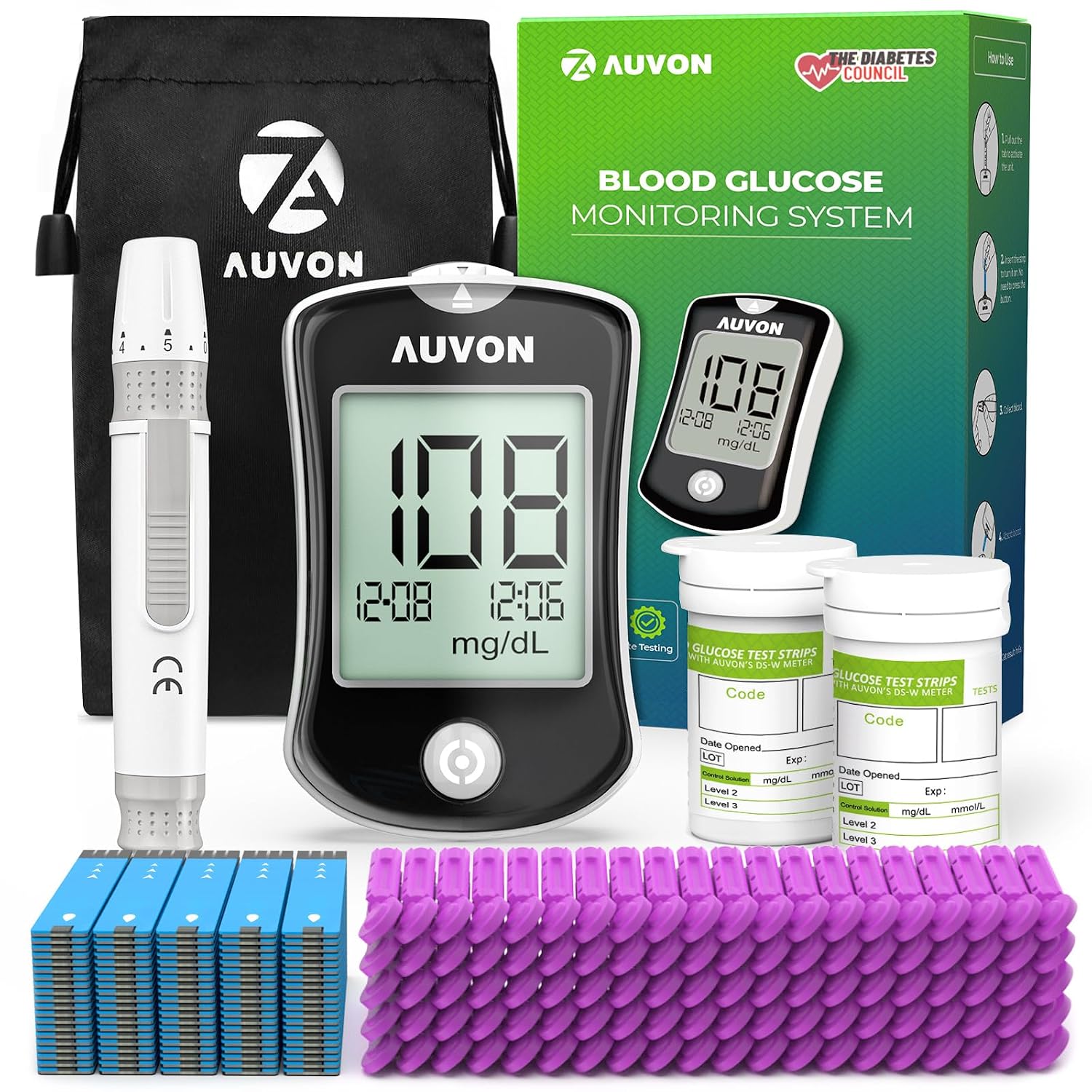 Detalle de AUVON DS-W Blood Glucose Monitor Kit DS-W1001002, 100 Strips and Lancets