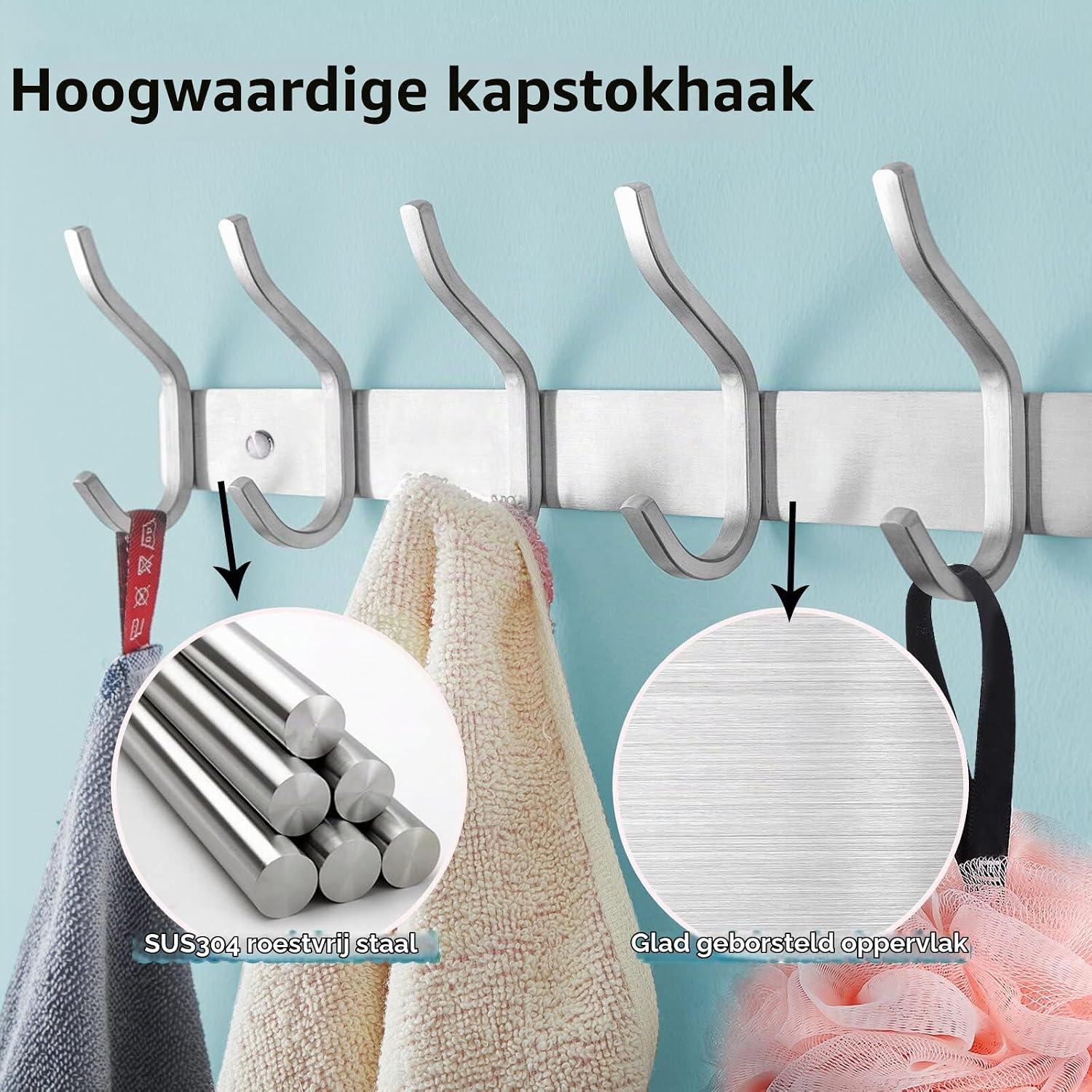 Detalle de MEIJO 1 wandkapstok met 6 dubbele haken, RVS, zilverkleurig, 2 stuks