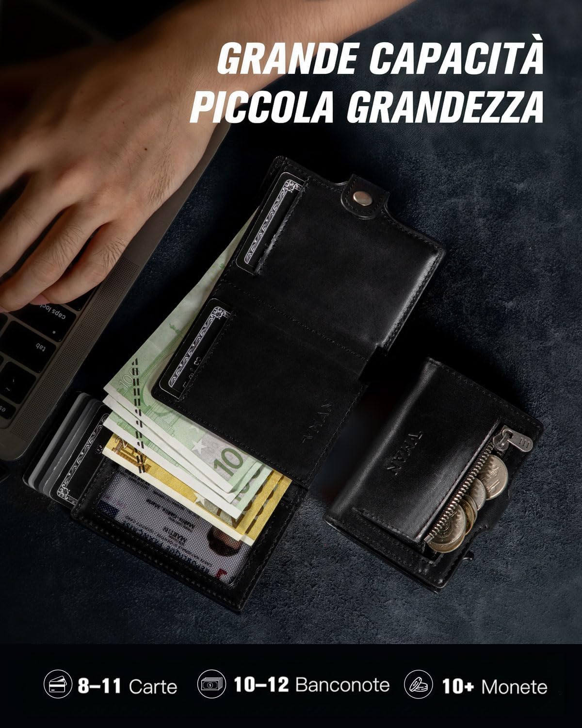 Detalle de VMAN Portafoglio Uomo Slim con RFID – Nero, Pelle PienoFiore, 8–11 Carte