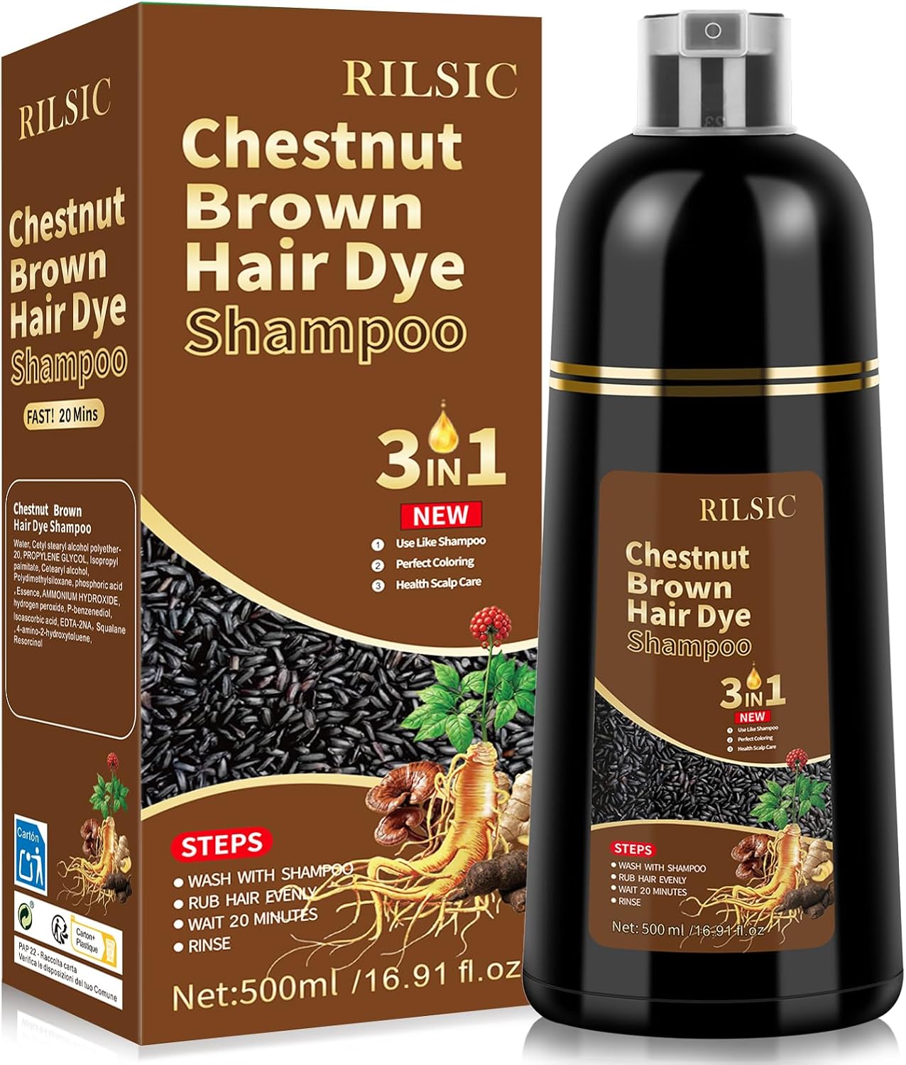 Thumbnail 6 de JELMOK 500ML Shampoo Colorante 3-in-1 – Copre i capelli bianchi, colore naturale Chestnut Brown