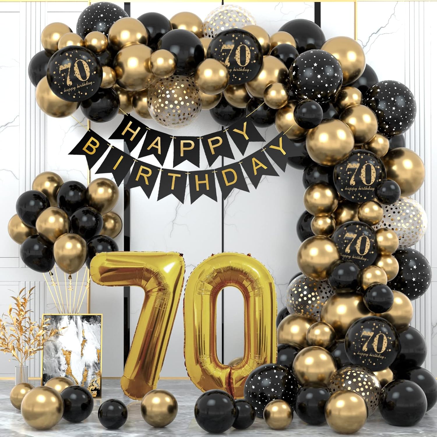 Detalle de WINAROI 70 Geburtstag Deko-Set: Happy Birthday Girlande mit Ballons in Schwarz & Gold