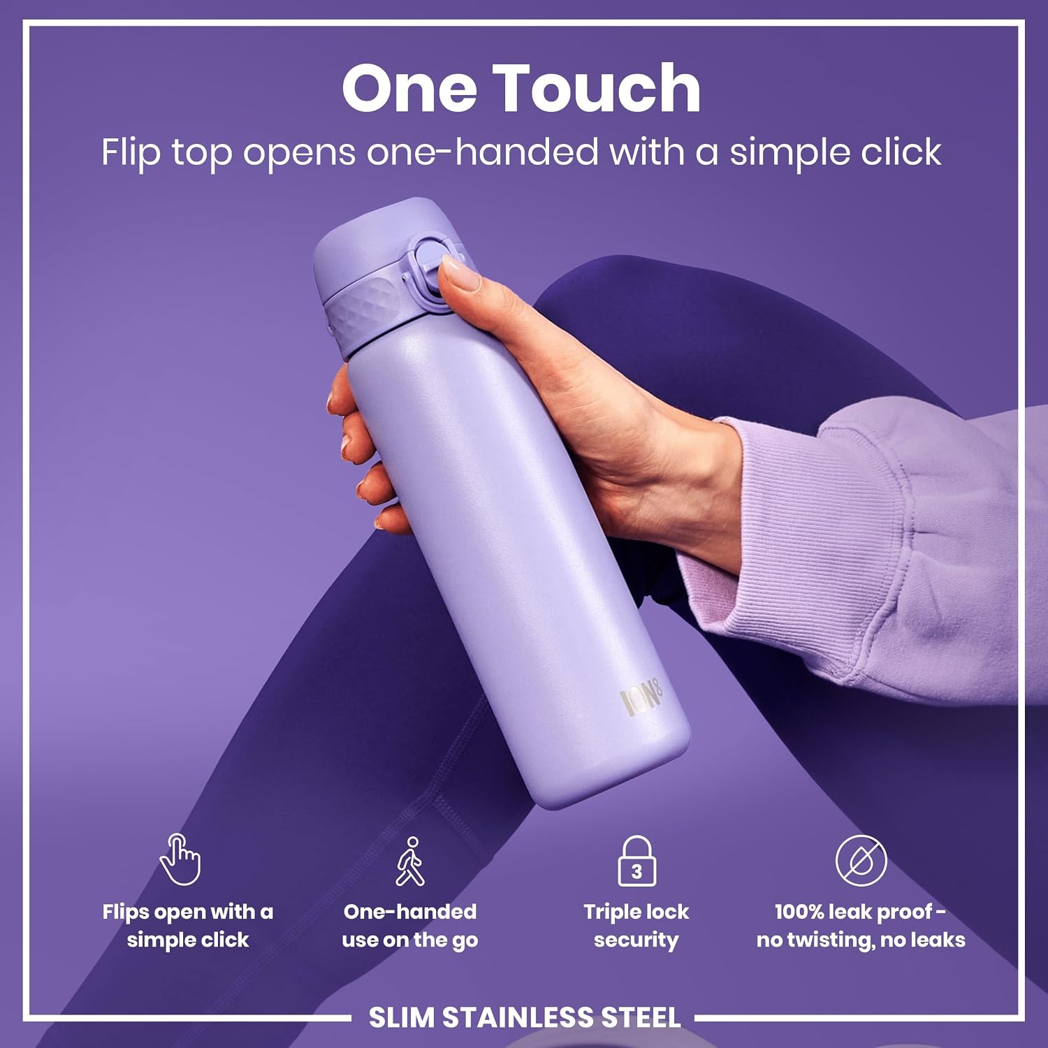 Detalle de Ion8 Lightweight Steel Water Bottle 600 ml / 20 oz – Non-Insulated, Leak-Proof & Dishwasher Safe (Light Purple)