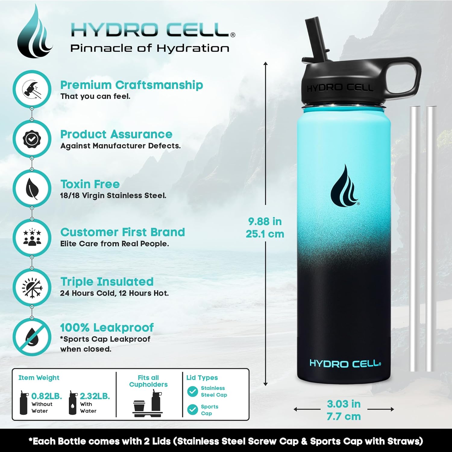Thumbnail 3 de HYDRO CELL Stainless Steel Insulated Water Bottle 24oz with Straw – Teal/Black