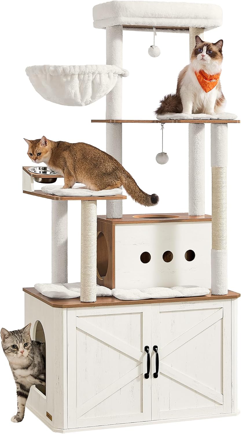 Feandrea Arbre à Chat de 170 cm avec Cache-Litière et Accessoires Intégrés – Marron Miel et Blanc Rustique PCT169W201