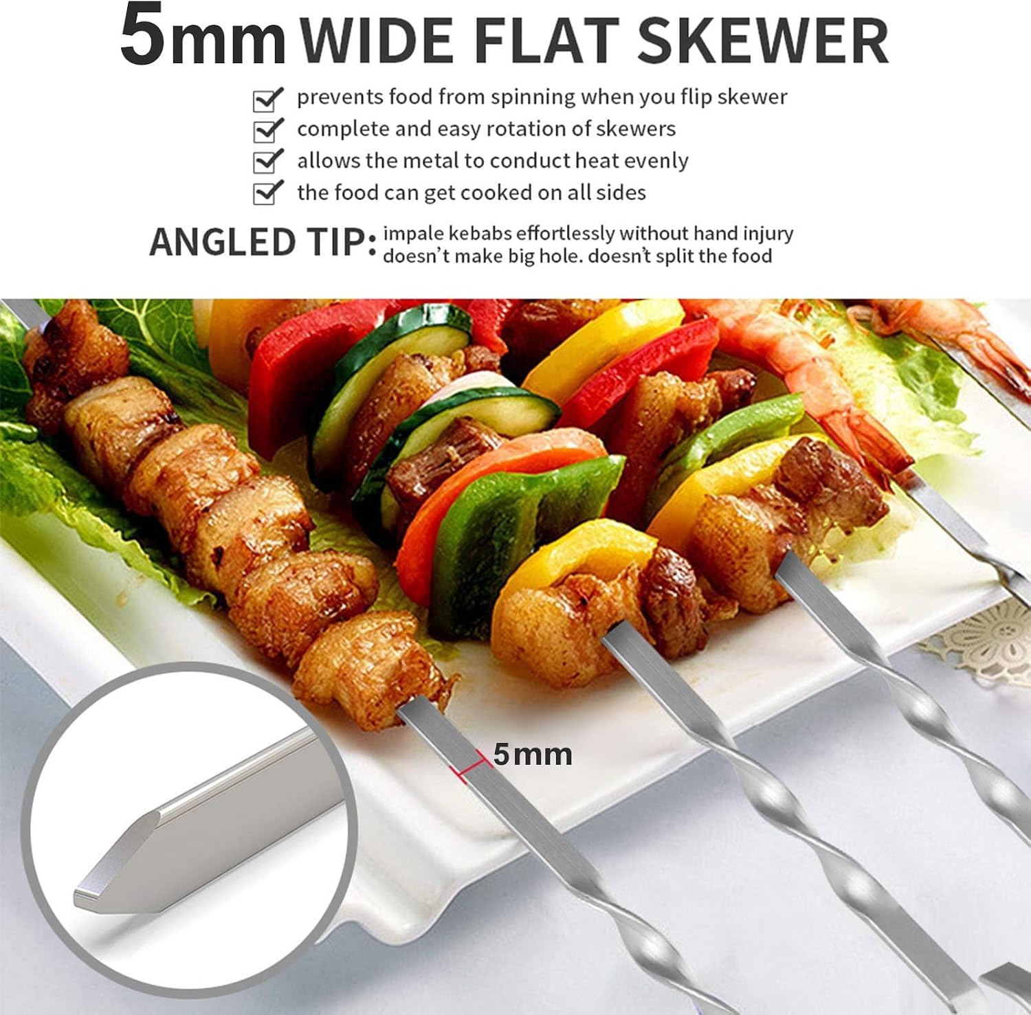 Detalle de LOVLEX BBQ39CM grillspiesen van roestvrij staal, 39 cm, platte vorm