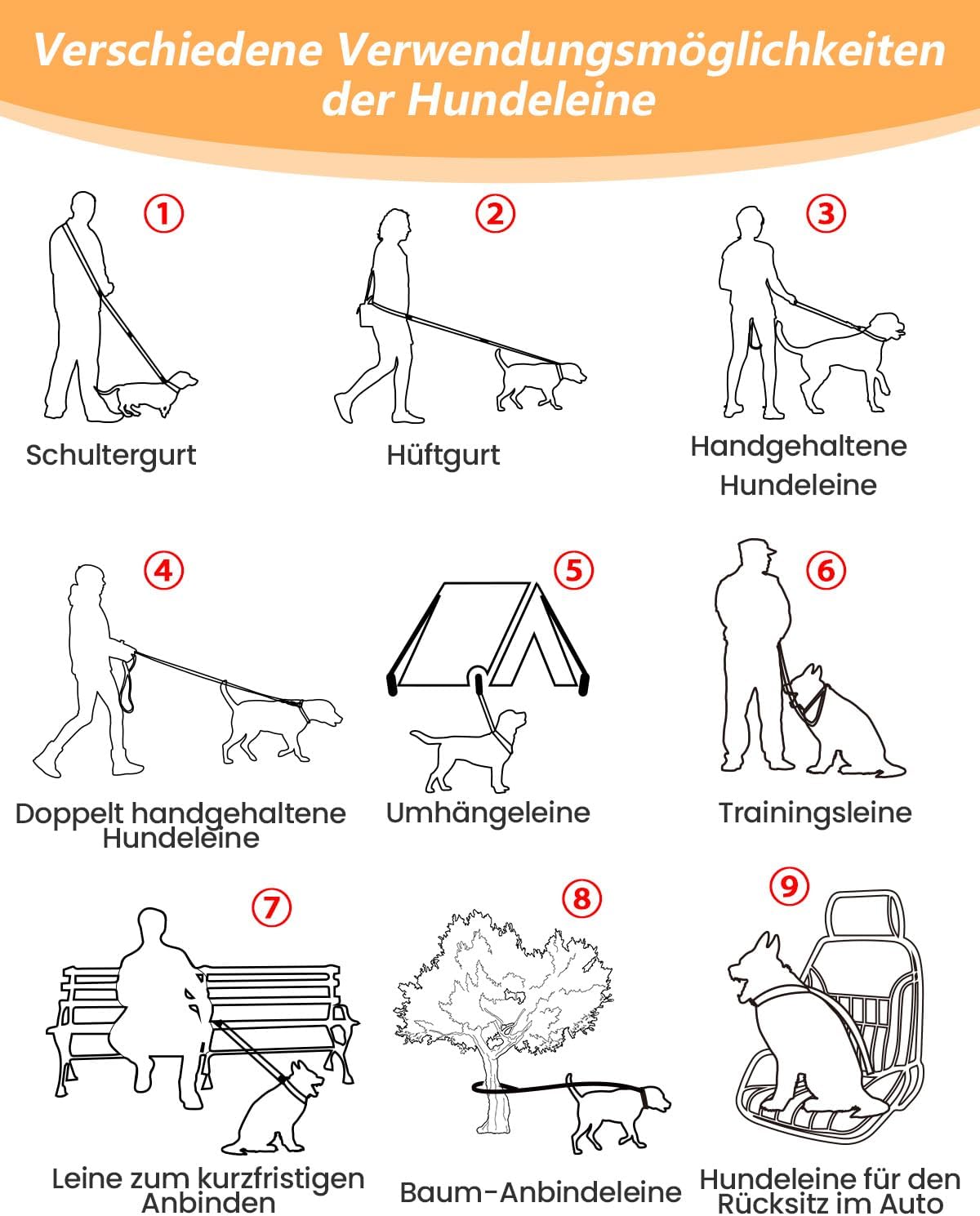 Detalle de WANFIRE Freihandleinen Hundeleine für Große bis Mittelgroße Hunde – 1,8–2,9 m mit Sicherheitsgurt und Reflektoren
