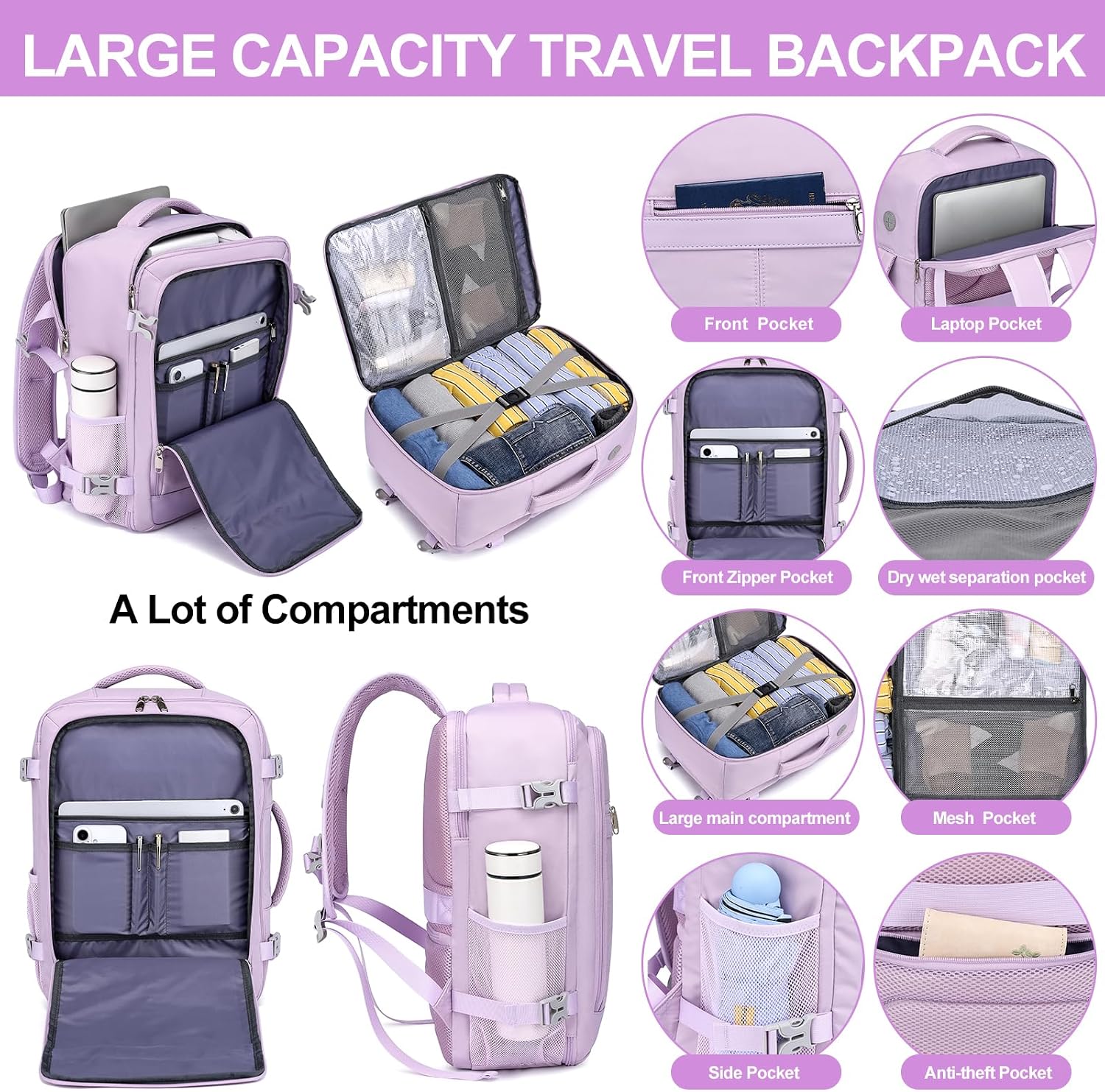 Thumbnail 3 de EZUOLA Travel Backpack for Women 25L - Airline Approved Carry-On with USB Port, Waterproof and Under-Seat Fit