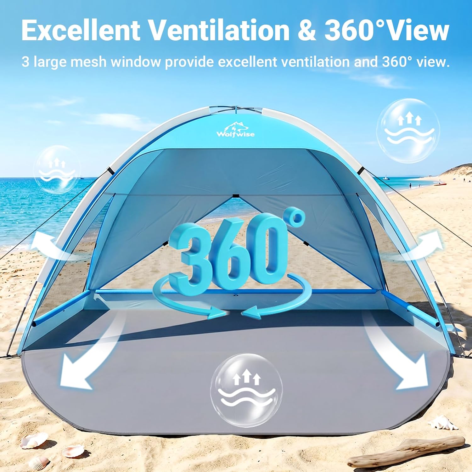 Detalle 2 de Wolfwise Portable Beach Tent Sun Shelter (Large, 95" x 65" x 55"), UPF 50+ Shade with Extendable Privacy Floor