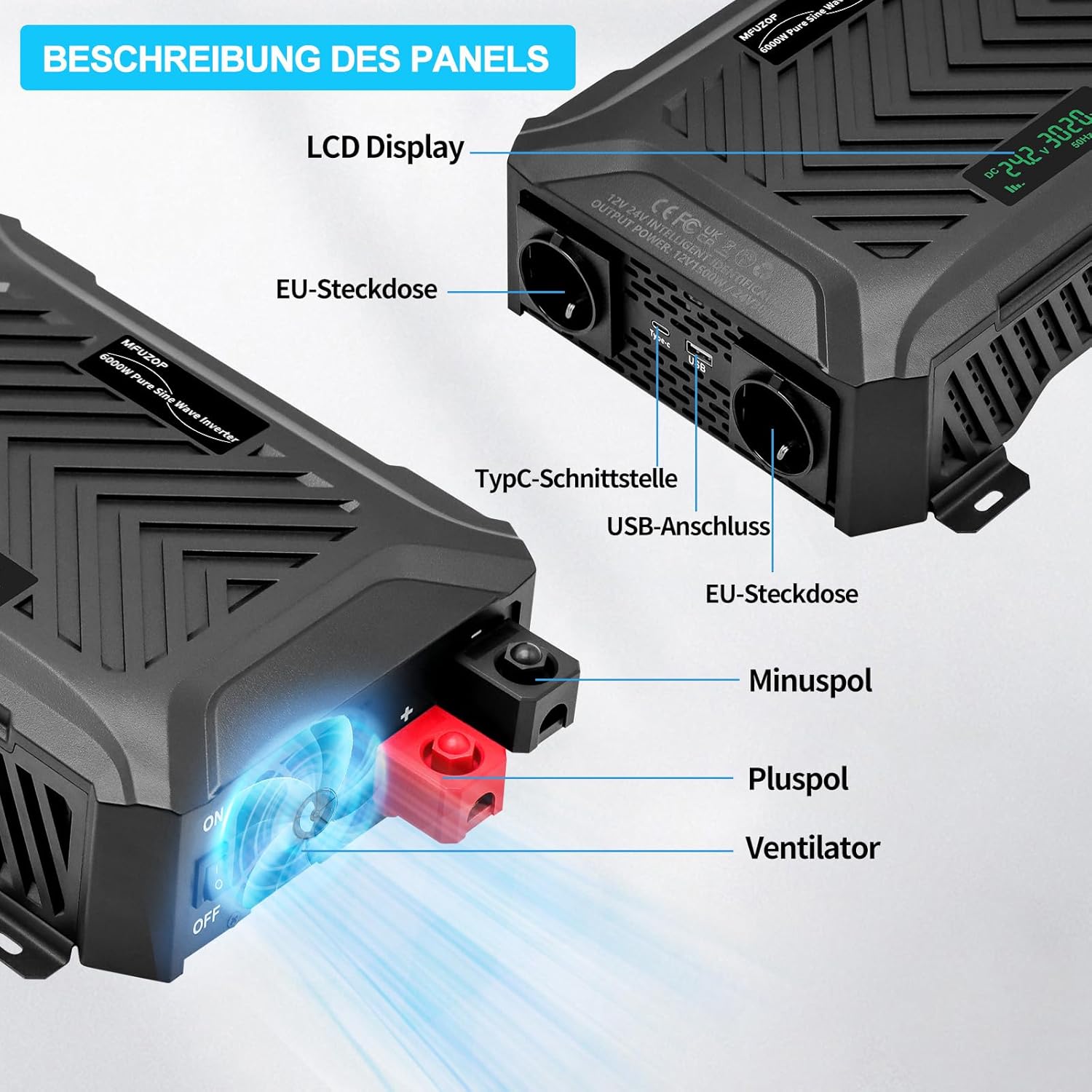 Thumbnail 2 de MFUZOP Power Inverter 12V/24V 220V a onda sinusoidale pura fino a 3.000W/6.000W con display LCD e USB/Type‑C