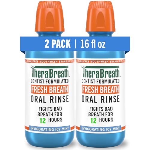 TheraBreath Fresh Breath Mouthwash, Icy Mint, Alcohol-Free – 2-Pack (16 Fl Oz each)
