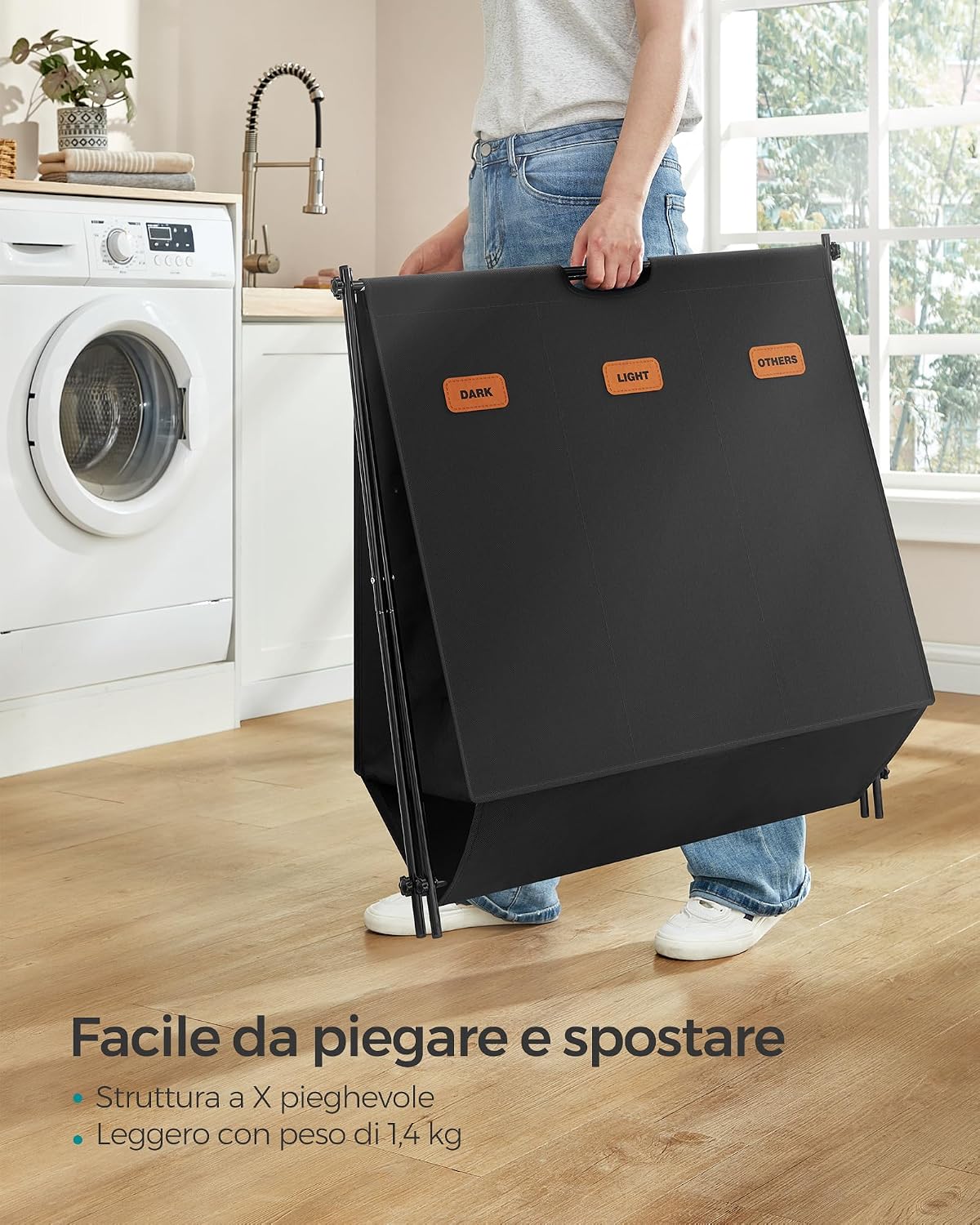 Detalle de SONGMICS LCB130G01 cesto portabiancheria pieghevole da 135 L con 3 scomparti e etichette
