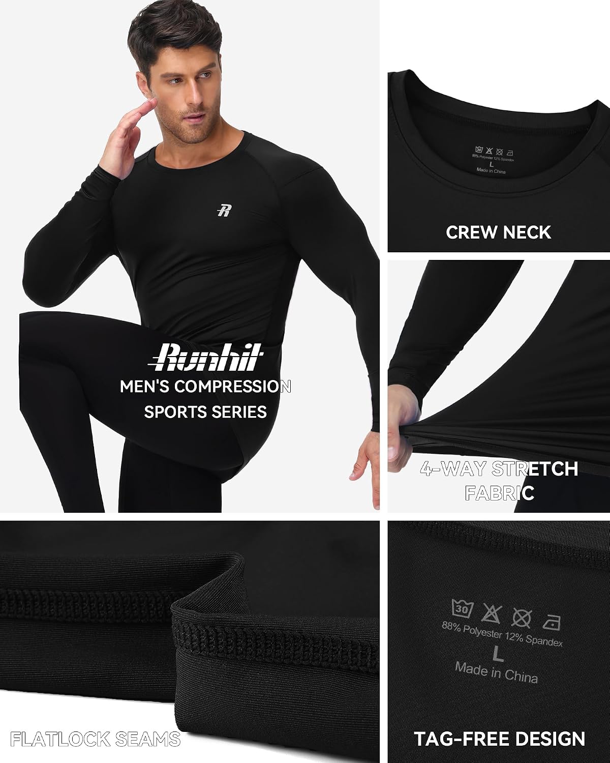 Detalle de Runhit Men’s Compression Base Layer Long Sleeve Top with UPF 50+ quick-dry fabric