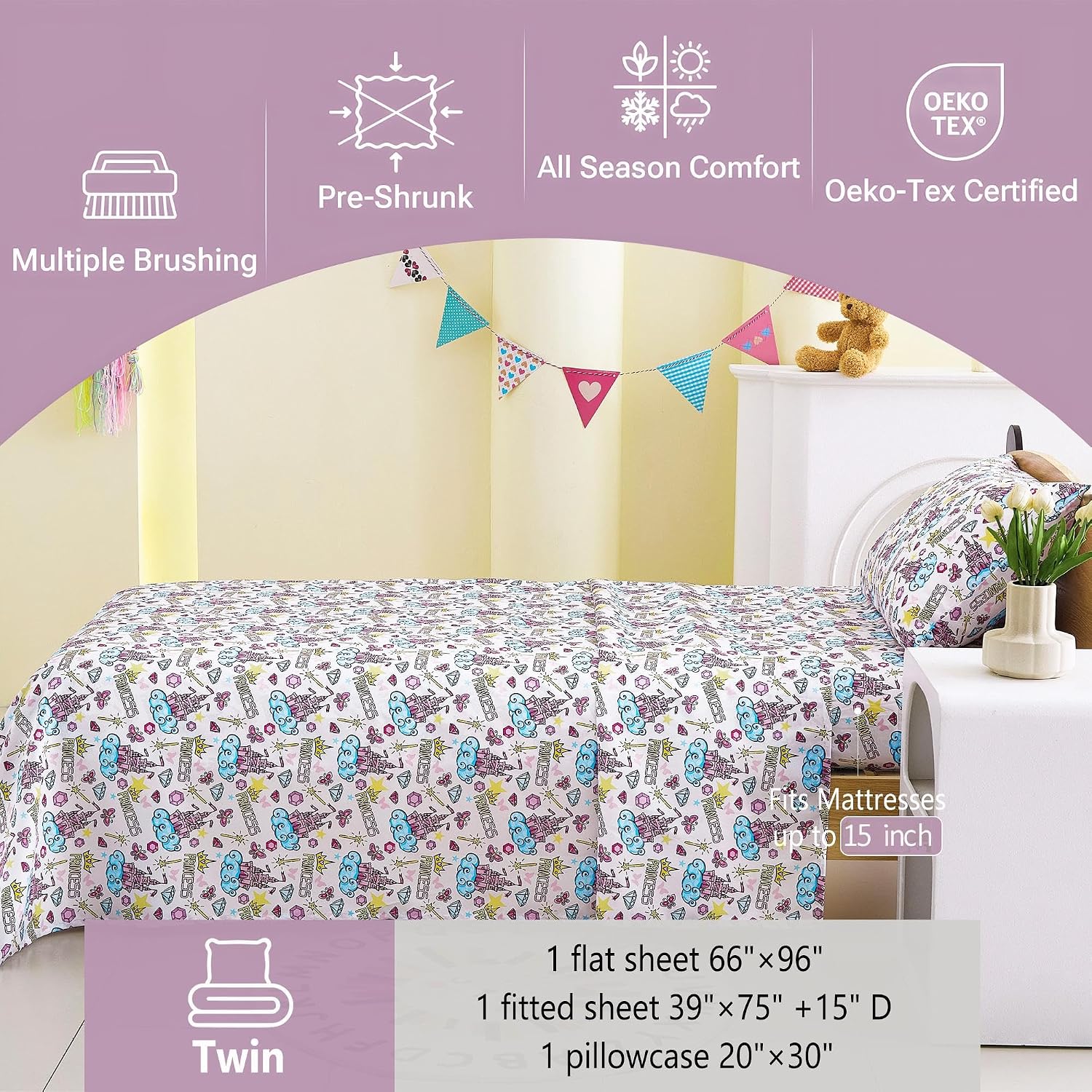 Detalle de Softan Kids Twin Bed Sheet Set, Castle Diamond Microfibre, Deep Pocket