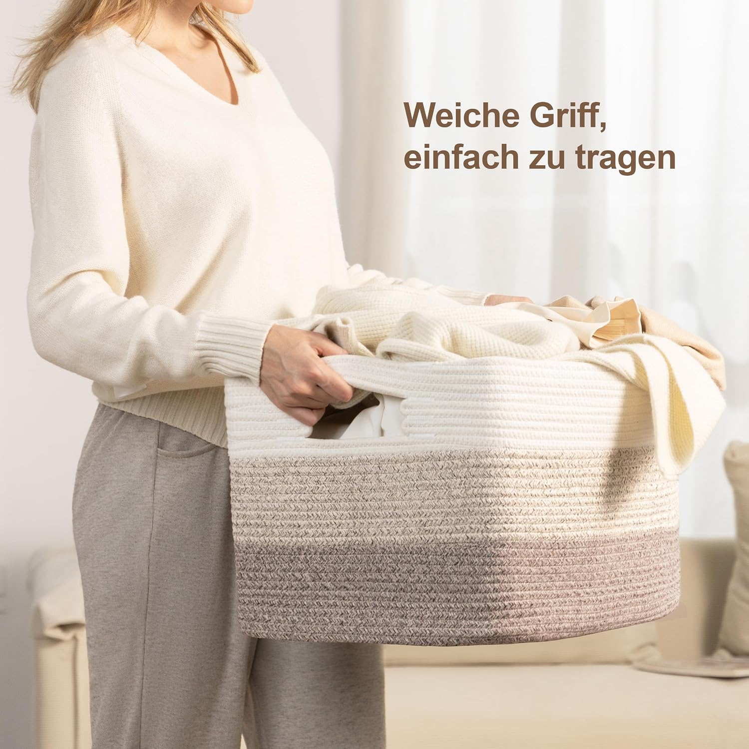 Thumbnail 2 de 45L Aufbewahrungskorb Klein aus Baumwollseil – geflochten mit Griffen, Farbverlauf Braun