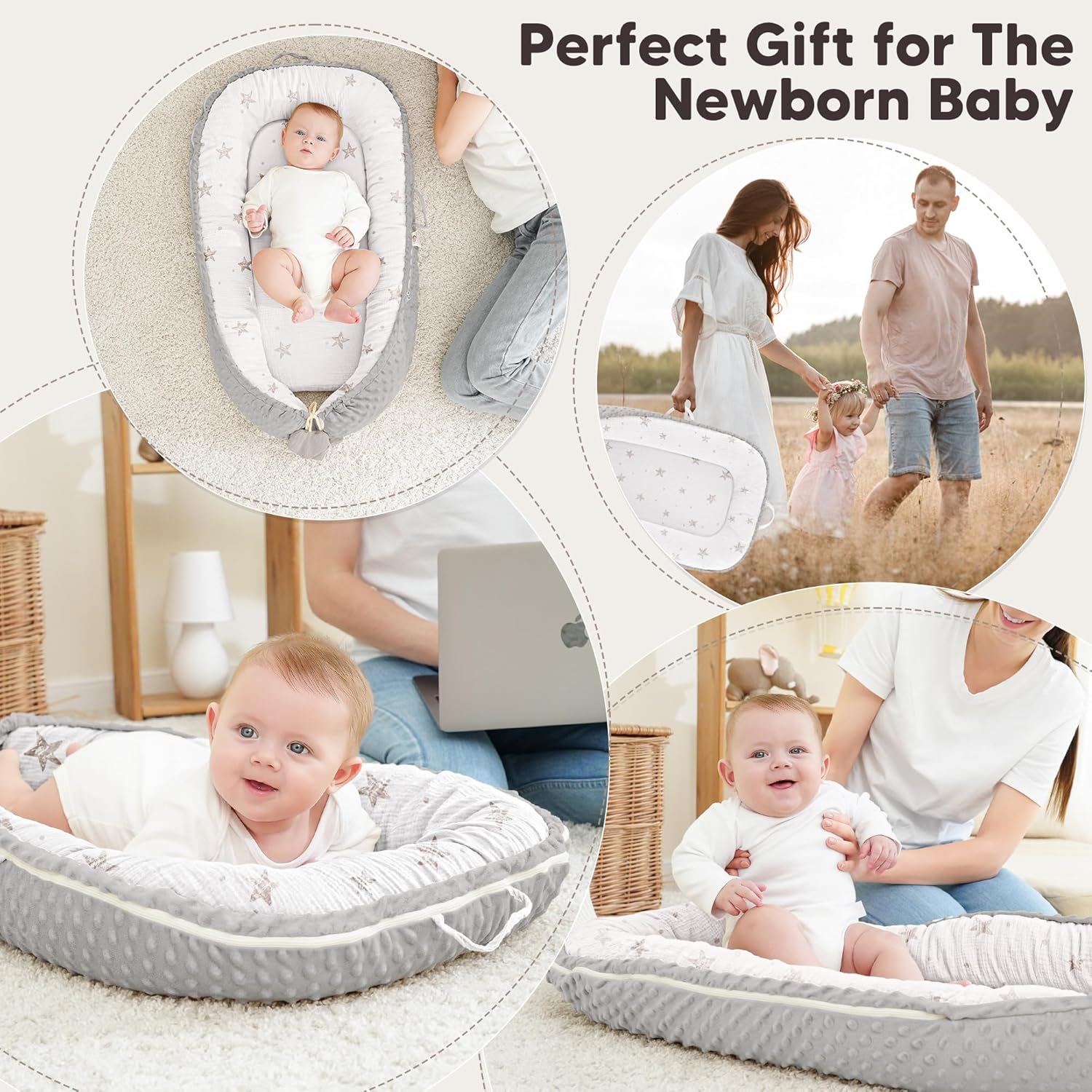 Detalle de Bearmoss Baby Nest Pod for Newborn (Cream Star) – breathable cotton baby lounger for home & travel