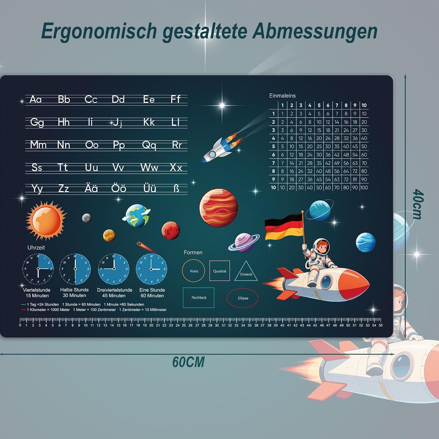 Detalle de FONCOOD Schreibtischunterlage Kinder 60x40 cm Weltraum – abwischbare Lernunterlage mit Alphabet & Einmaleins