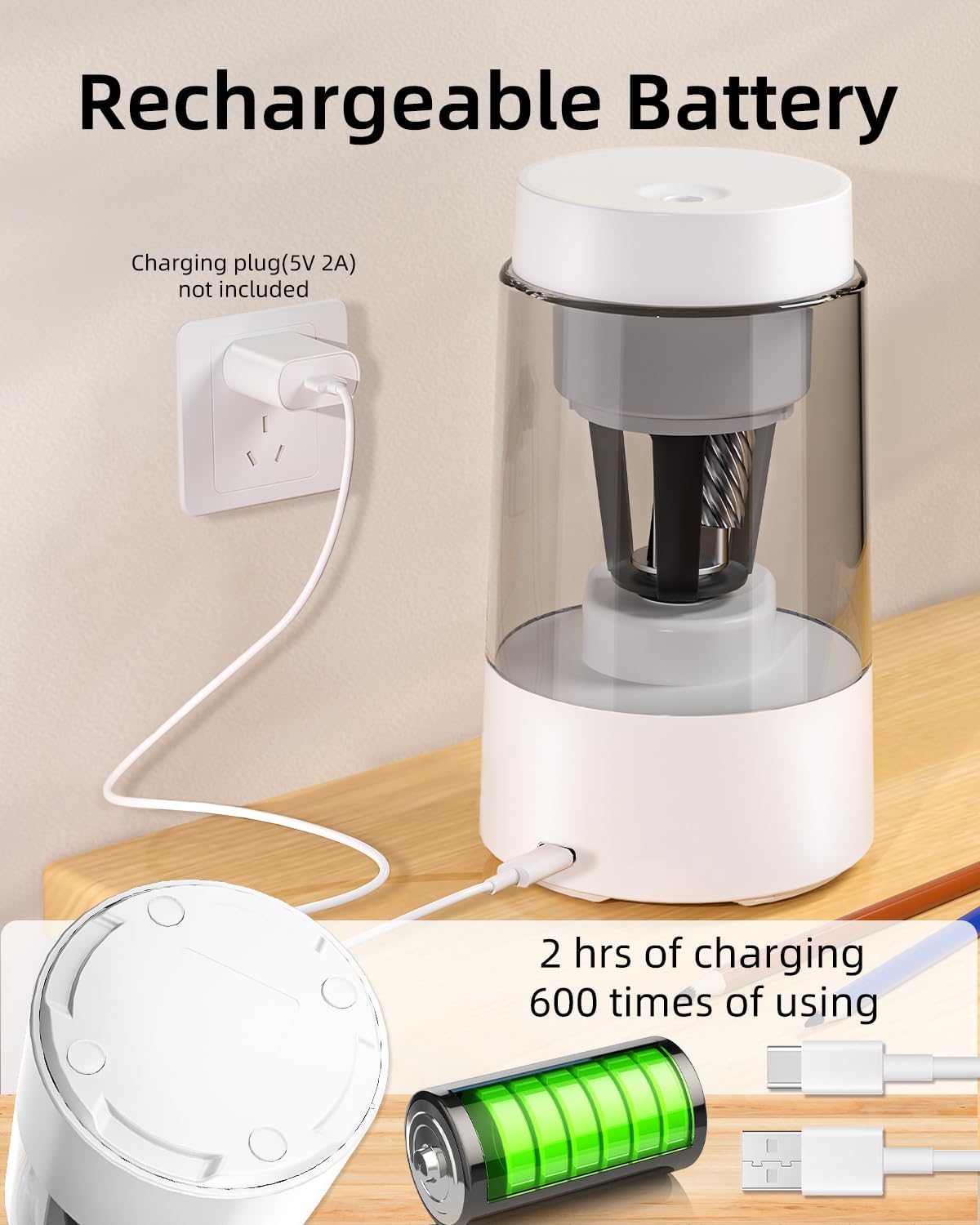 Thumbnail 4 de ZMOL Full Automatic Electric Pencil Sharpener – 6-8mm, Rechargeable, Auto In/Out, White