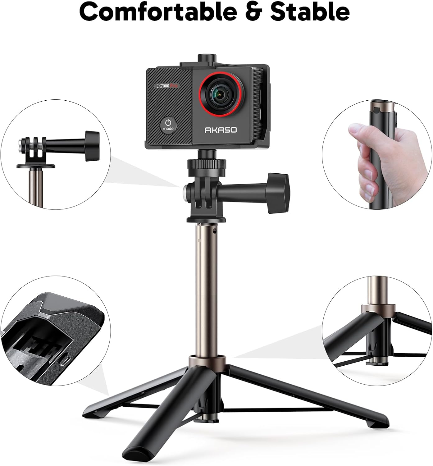 Detalle de AKASO EK7000 Pro Caméra Sport Kit de Perche à Selfie – 20 MP, 4K/30fps, étanche 131 ft, 2 batteries et mini sac