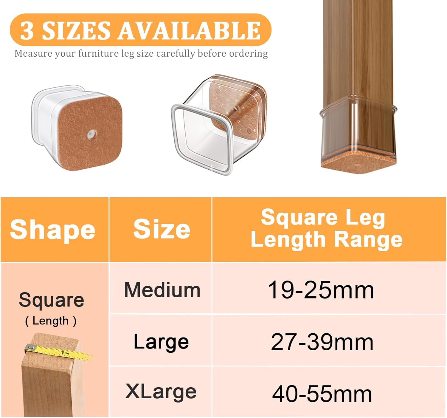 Thumbnail 3 de RUSIDO 20 PCS Chair Leg Floor Protectors (Silicone caps, felt base) for square legs 19–25mm