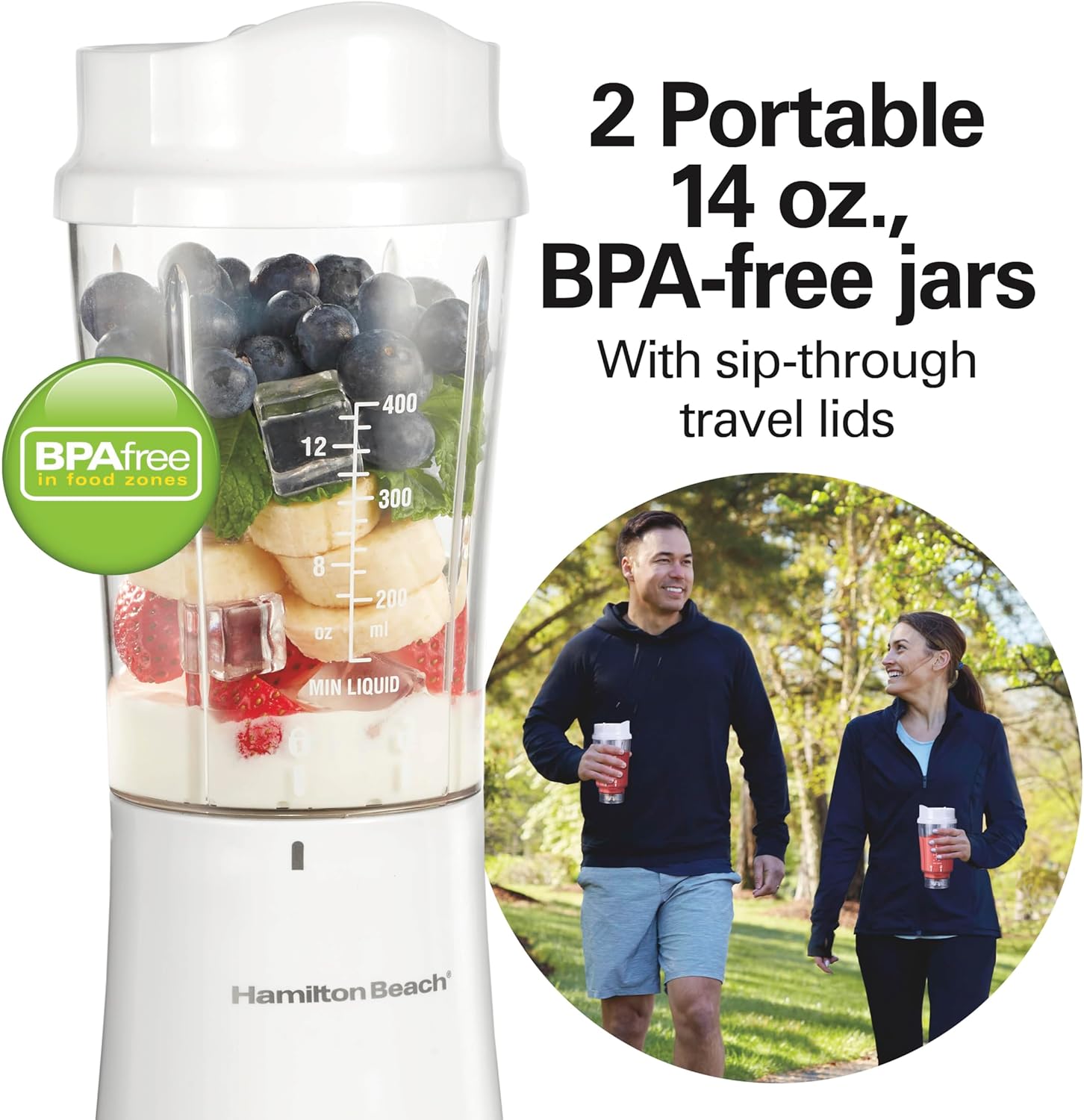 Thumbnail 6 de Hamilton Beach Portable Blender for Shakes and Smoothies, 14 Oz Travel Cup (2 Jars) - White