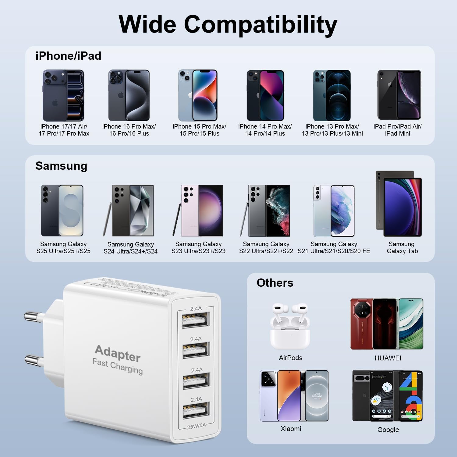 Thumbnail 4 de Lot de 2 chargeurs USB muraux à 4 ports (25 W, 4x USB) – Chargeur rapide compatible Samsung, iPhone, iPad et Xiaomi