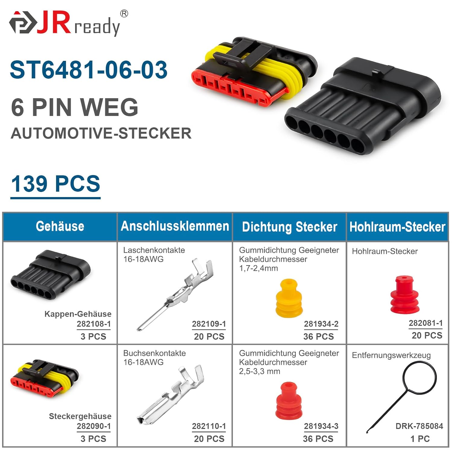 Thumbnail 1 de JRready ST6481-06-03 Wasserdichter Kfz-Steckverbindersatz, 6-polig – 3 Sets