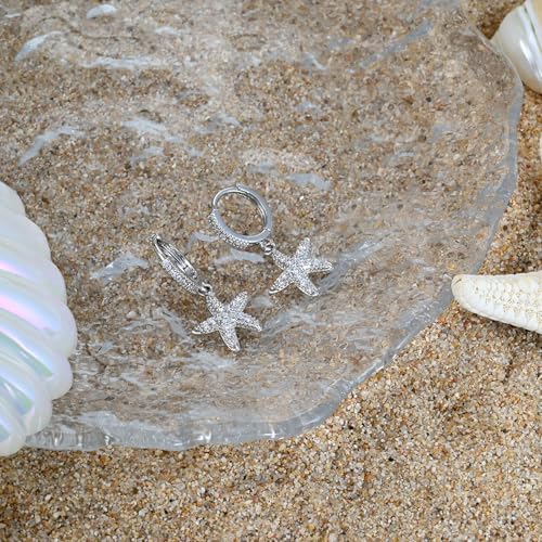 Detalle de Aliyoham Silver-Plated Starfish Hoop Earrings with Cubic Zirconia