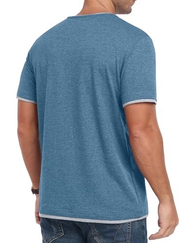Detalle de Hisir Camiseta de Verano para Hombre - Manga corta, cuello redondo, color blocks Azul Gris (S)