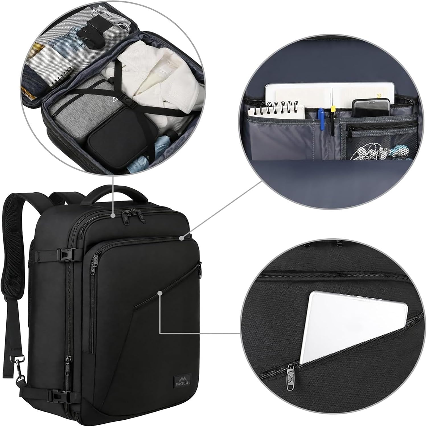 Detalle de MATEIN Zaino da cabina Ryanair 40x30x20 espandibile 24L con tasche e supporto per laptop fino a 14/15 pollici, nero