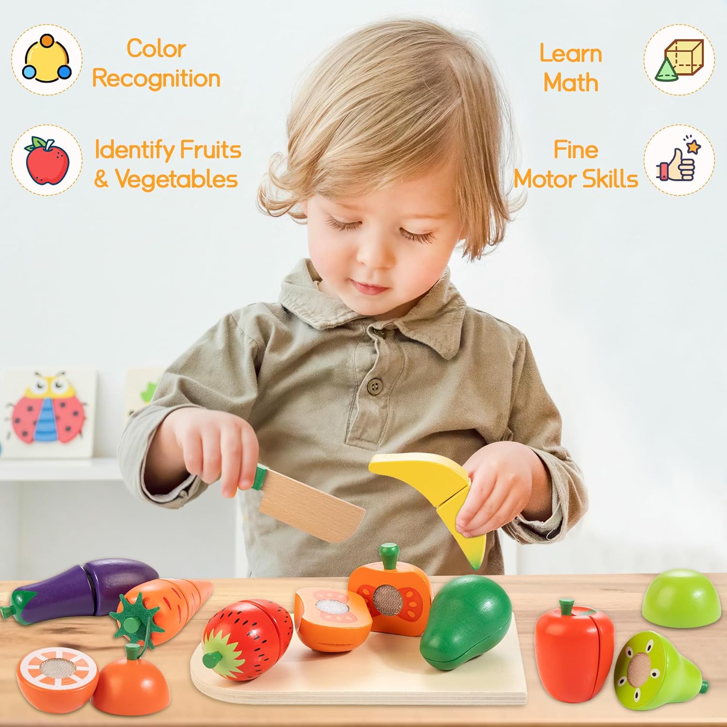 Thumbnail 5 de Wooden Play Food Cutting Set Ages 3+ ๐