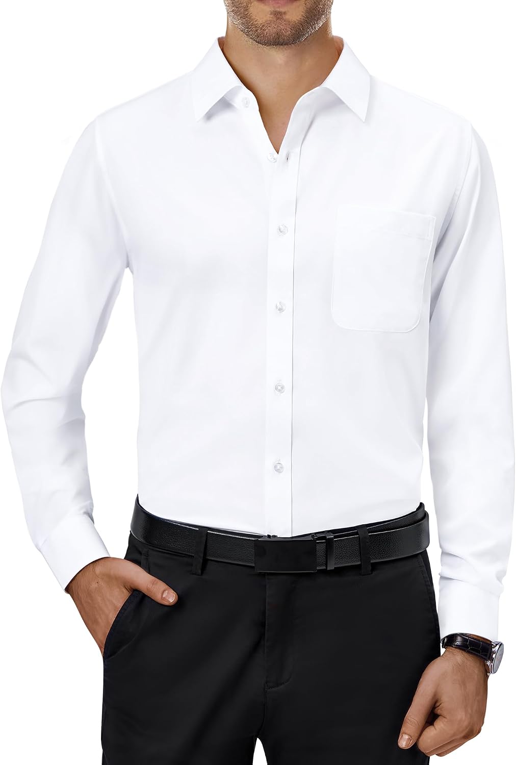 Detalle de J.VER Men’s long sleeve 4-way stretch wrinkle-free formal dress shirt with pocket (business, wedding & work)