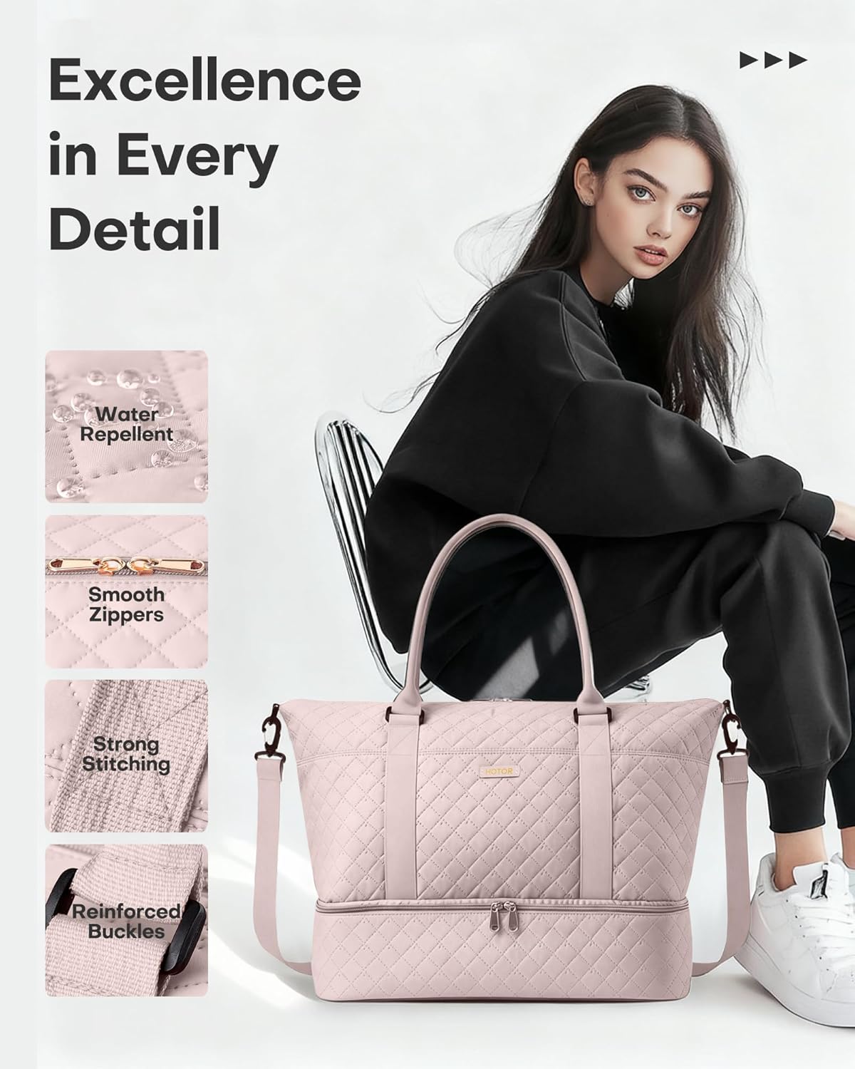 Thumbnail 6 de HOTOR Women’s Lightweight Travel Holdall Bag with Shoe Compartment & Toiletry Pouch (Pink) – 34 x 45 x 20 cm