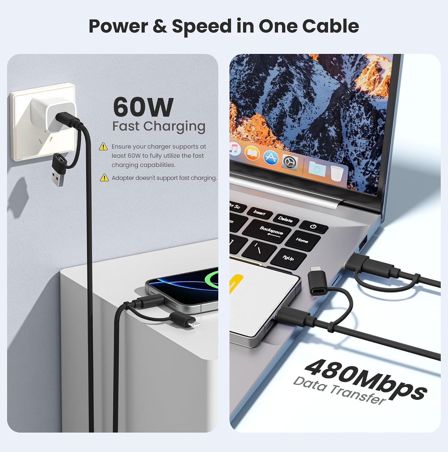 Detalle 2 de Elebase 4-in-1 USB-C Charging Cable (2m) with USB-A/Lightning adapters for AirPods Pro and iPad