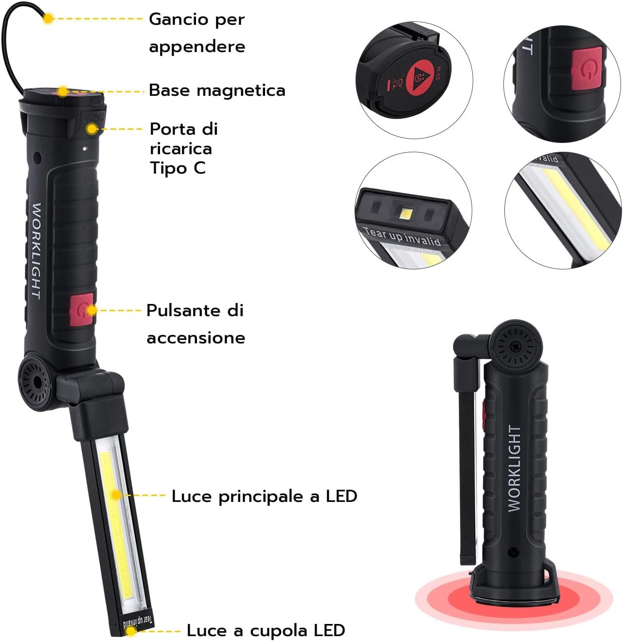Thumbnail 4 de Tolesum torcia LED ricaricabile Type-C con magnete e testa 360° (5 modalità)