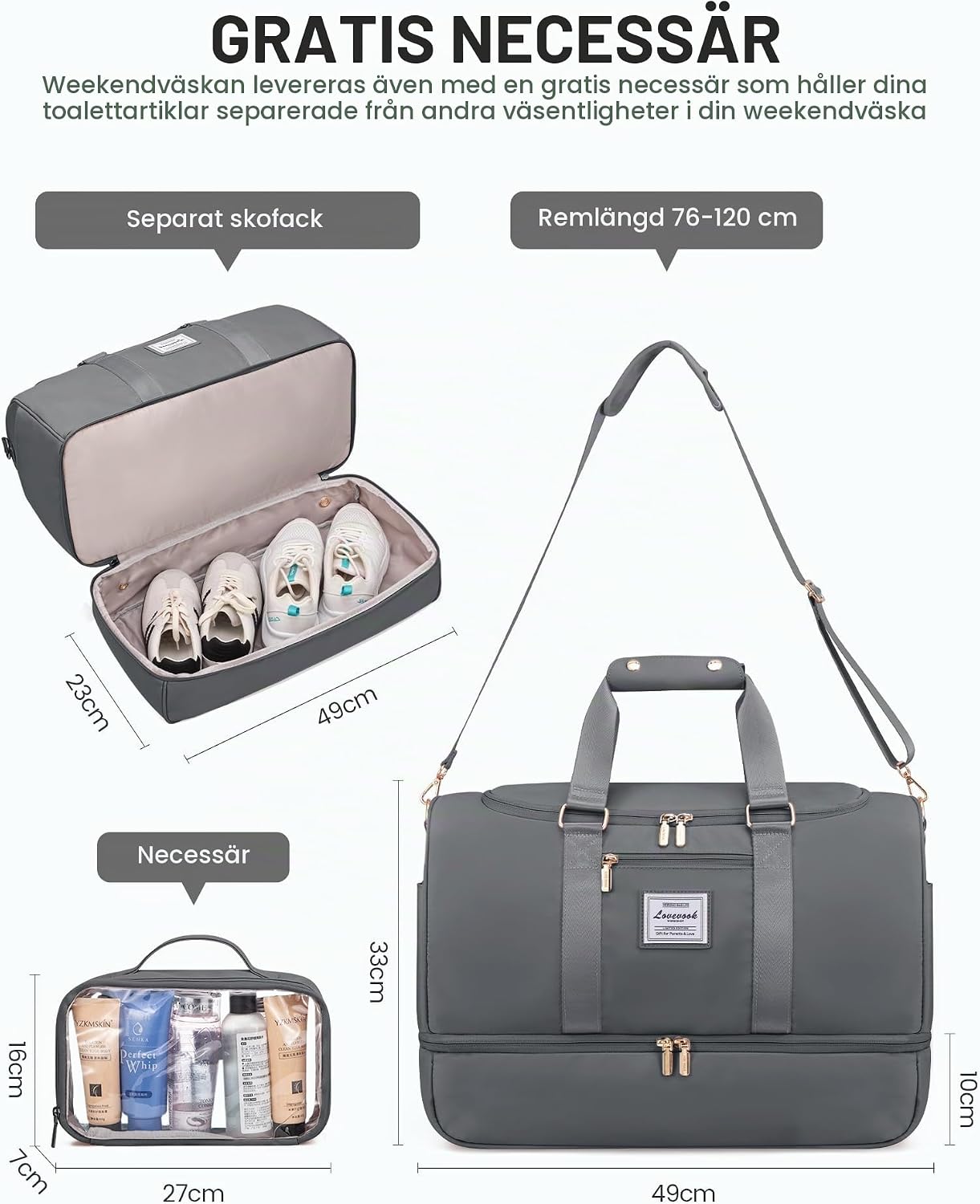 Detalle de LOVEVOOK sport- och weekendväska, 35–40 l med skofack och våtfack