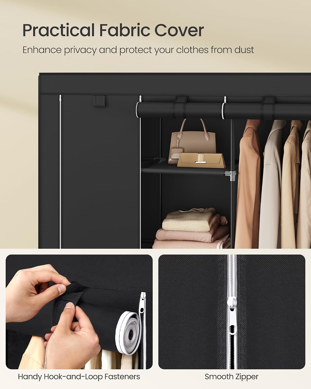 Thumbnail 4 de SONGMICS Clothes Wardrobe Portable Closet with Cover, Hanging Rails & Shelves (RYG096B01) 130 x 45 x 168cm