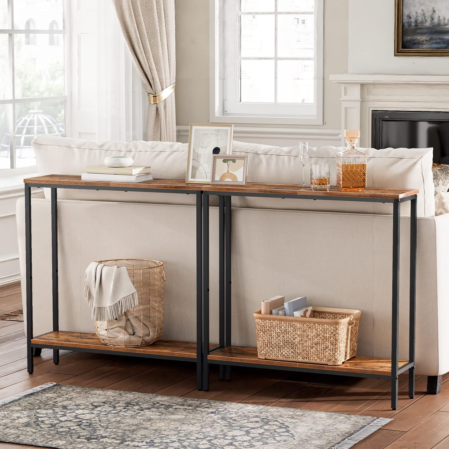 Detalle de HOOBRO Slim Console Table with Shelf (EBF22XG01) – 2-Tier Narrow Hallway Table in Rustic Brown