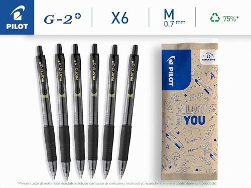 Detalle de Pilot Set di 6 G2 Plus: penne roller gel a scatto, punta media 0,7 mm, ricaricabili – nero