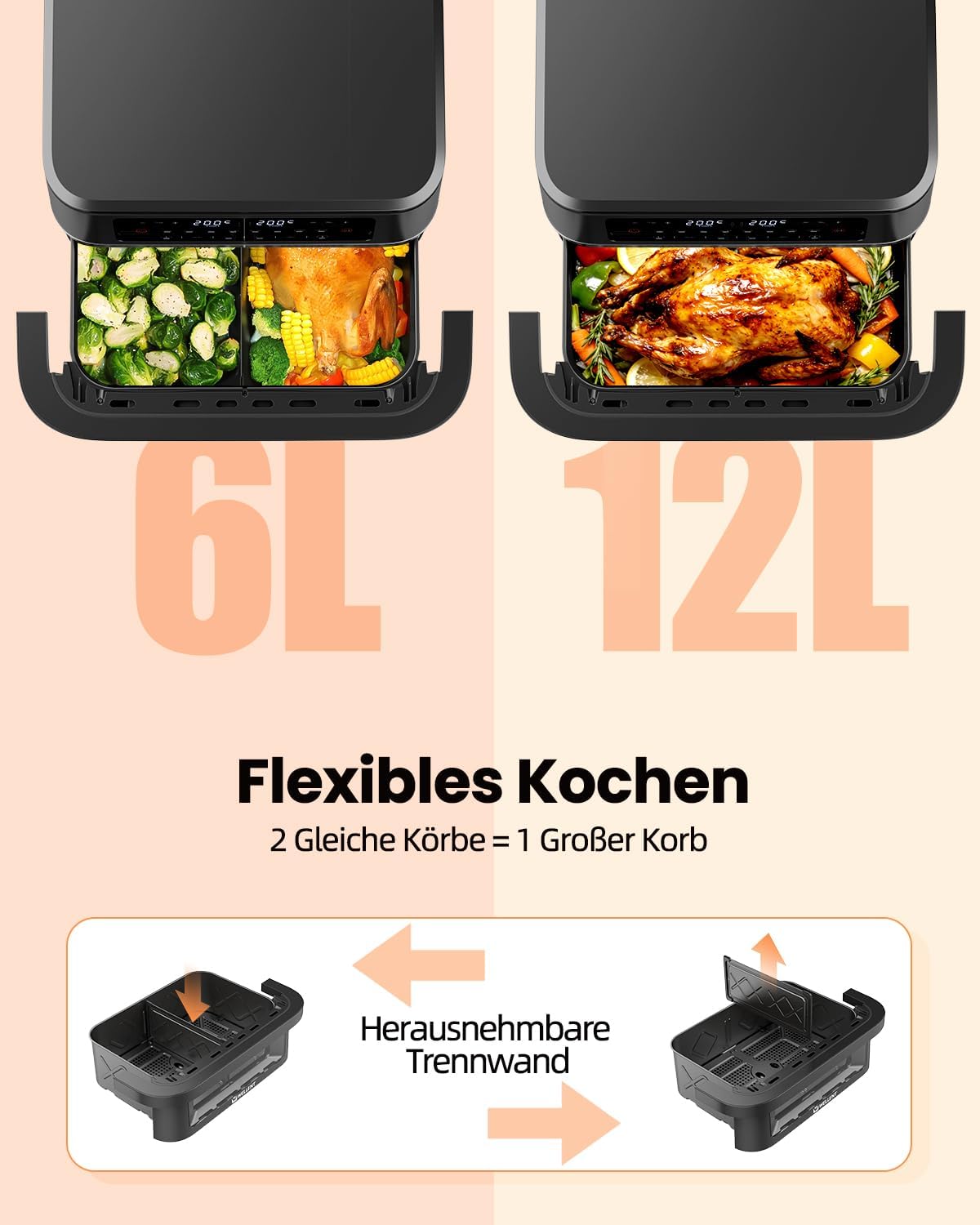 Detalle de WELLENT 12L Dual Zone Airfryer XXL – flexible Doppelkammer-Heißluftfritteuse mit Sync-Funktion
