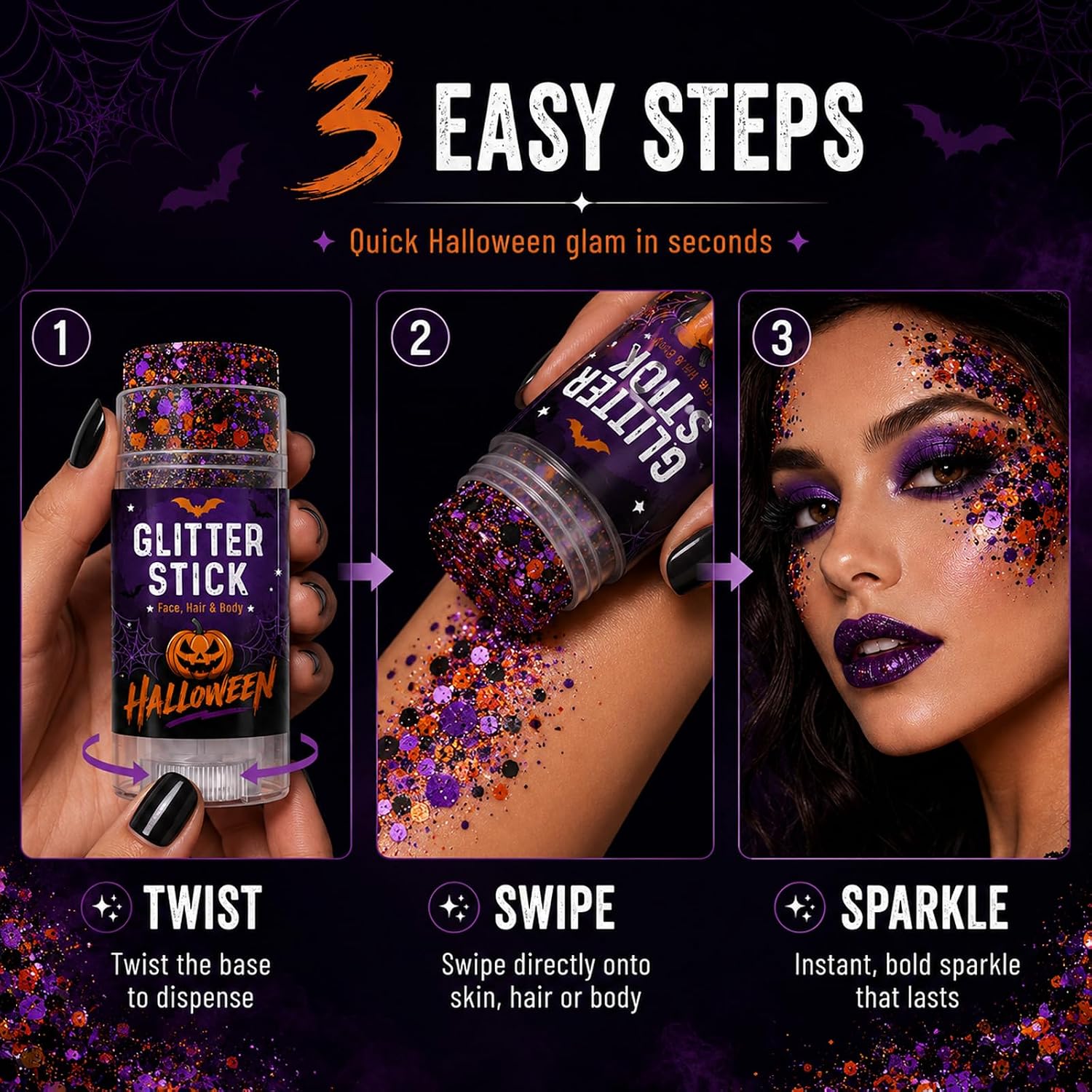Detalle 1 de Sulily Body Glitter Stick for Face, Hair & Body, Orange, Purple & Black
