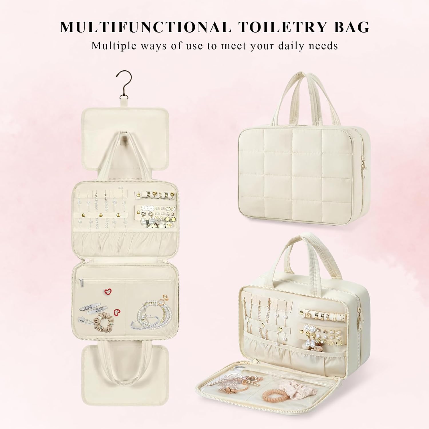 Detalle de Aucuu Trousse de Maquillage Suspendue Grande - Grande Capacité avec Crochet et Compartiments, Beige