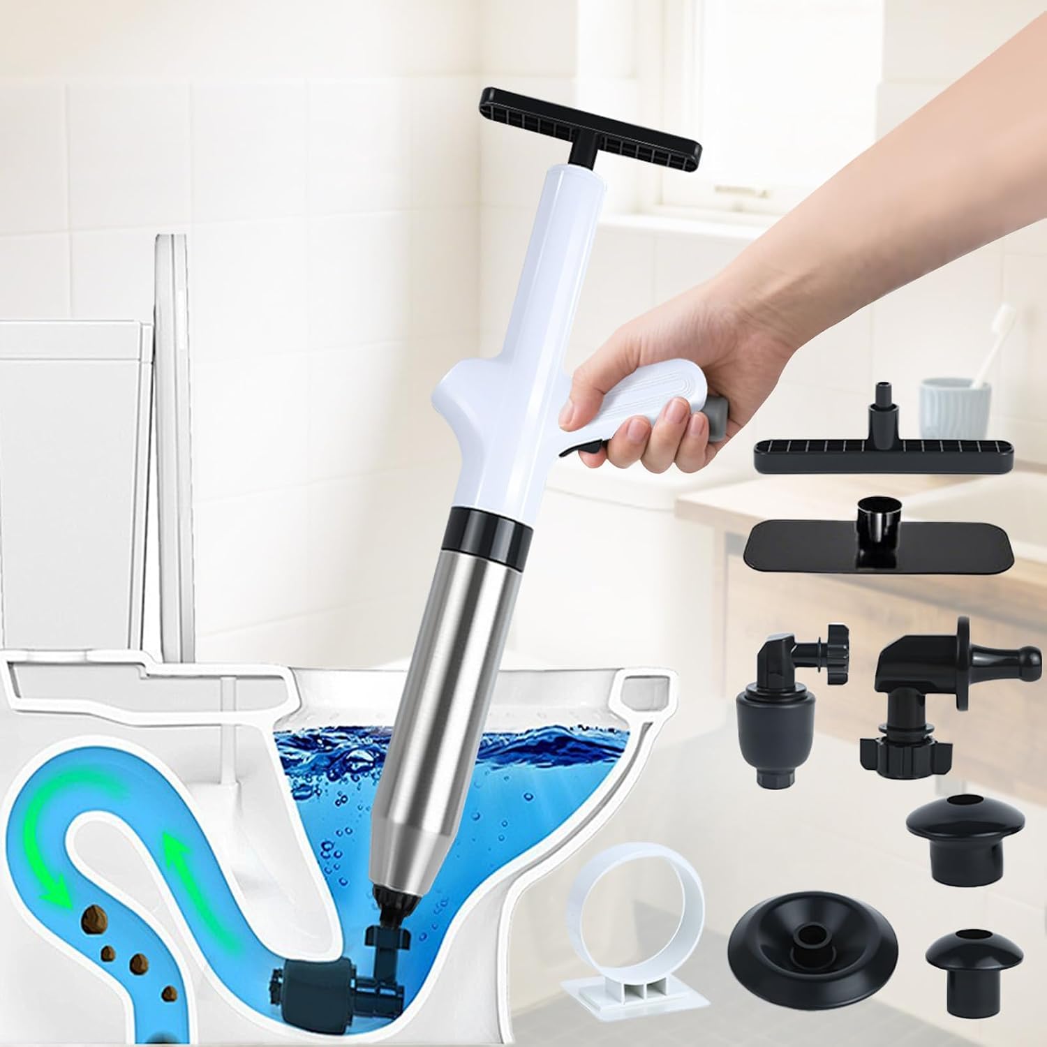 Detalle de Pulitore Tubi ad Alta Pressione (4 Adattatori) – Sgorgatore ad Aria con Manometro per Lavandini, Toilette, Docce e Cucina