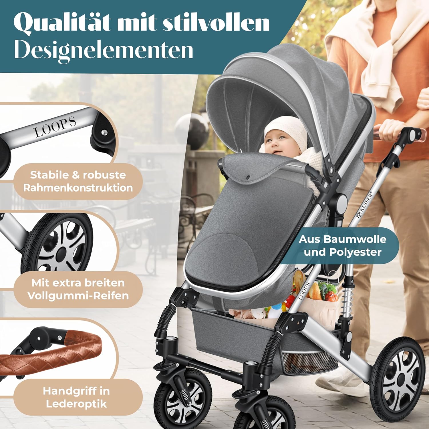 Thumbnail 2 de KESSER® Loops 4 in 1 – Komplett-Set: Kombikinderwagen mit Babywanne, Buggy Sportsitz, Auto-Babyschale, Regenhaube und Wickeltasche