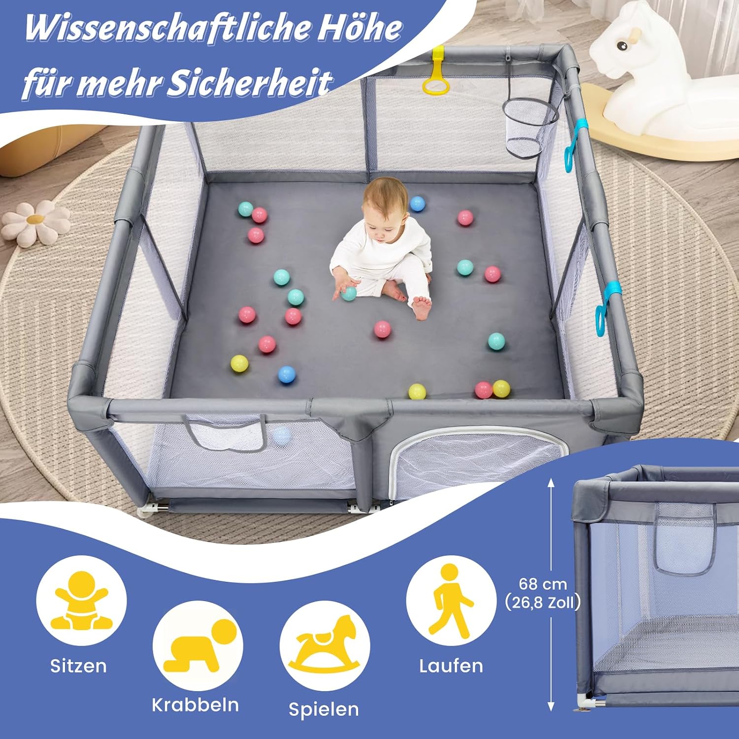 Thumbnail 3 de CHOLY Baby Laufstall 128 × 128 cm Dunkelgrau