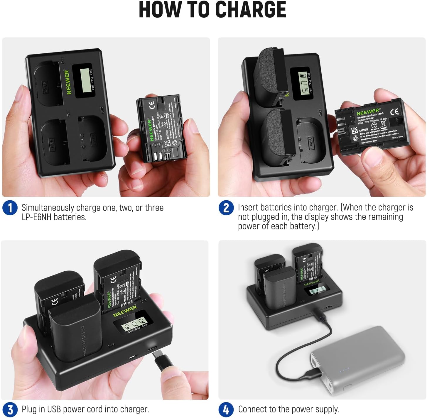 Thumbnail 6 de NEEWER LP-E6NH Replacement Battery Set: 3 x 2250mAh Batteries with Triple Slot USB Charger (plus Cleaning Cloth) for Canon EOS R Series and More