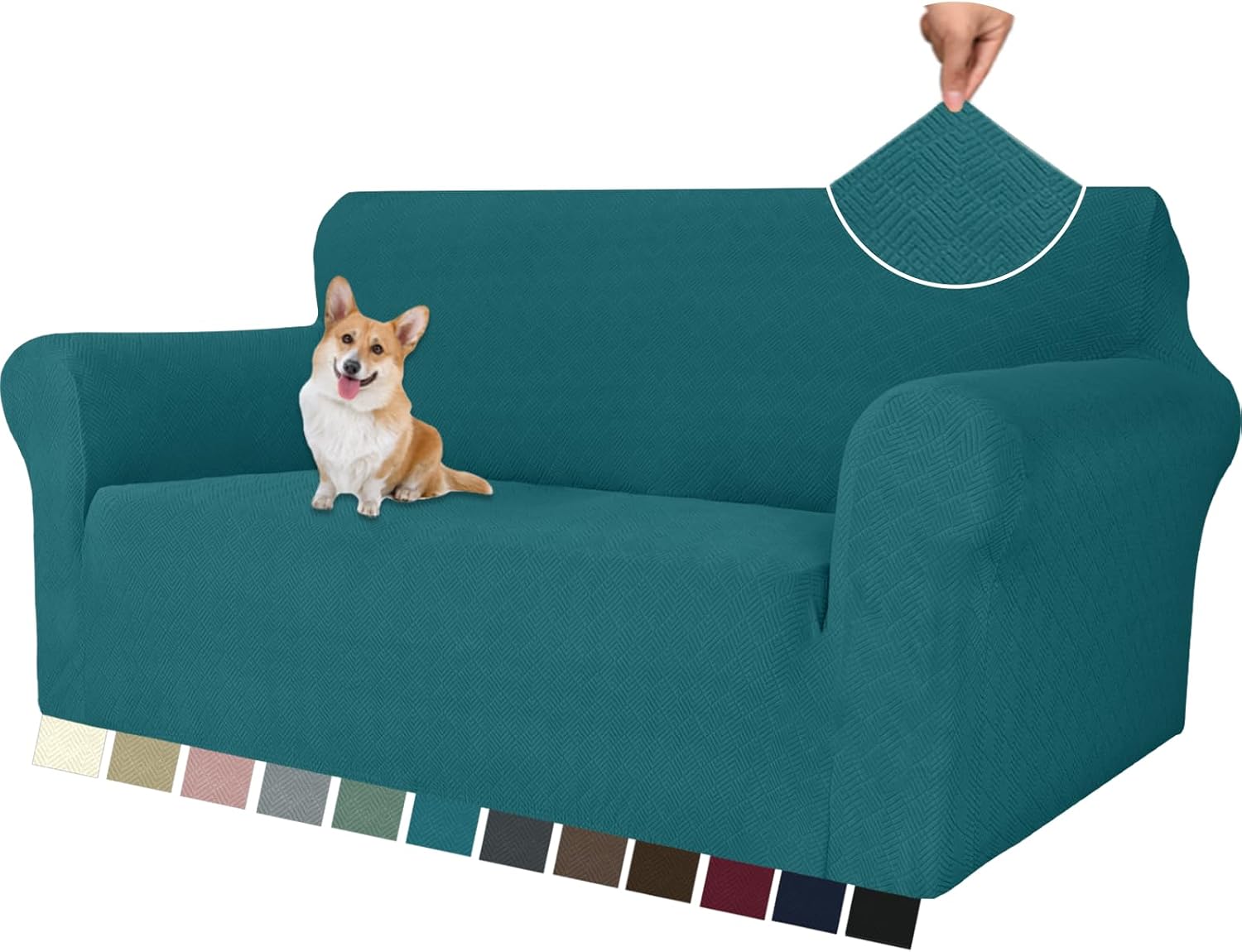 Detalle de YSTELLAA Copri Divano 2 Posti con Braccioli in Jacquard elasticizzato, verde scuro
