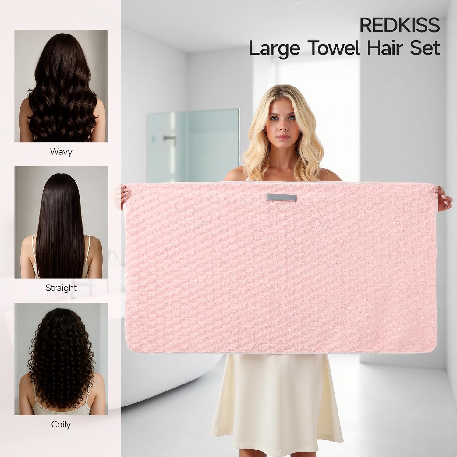 Detalle 2 de REDKISS Pink Microfiber Hair Towel Wrap with Elastic Strap for Long Hair