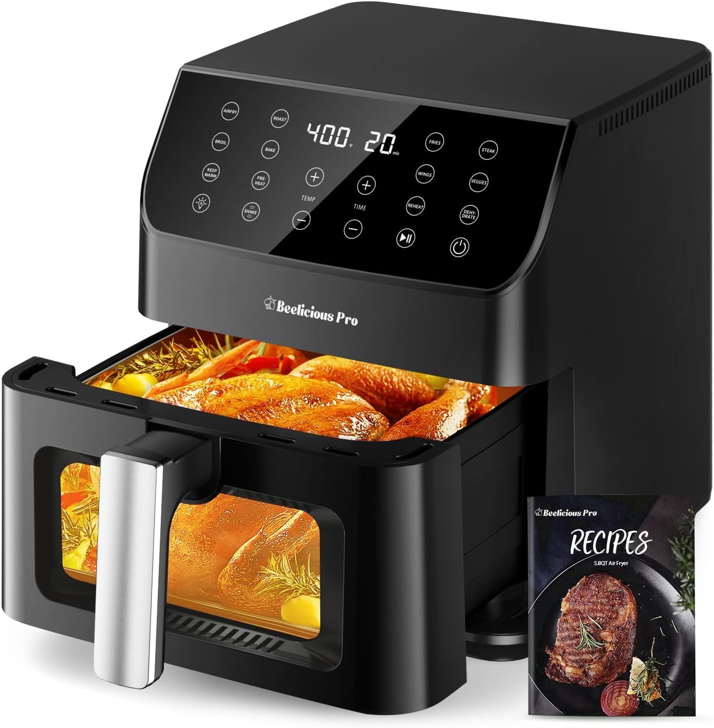 Detalle de Beelicious Large Air Fryer: 12-in-1 Digital Airfryer with Window, 5.8Qt, Flavor-Lock Tech